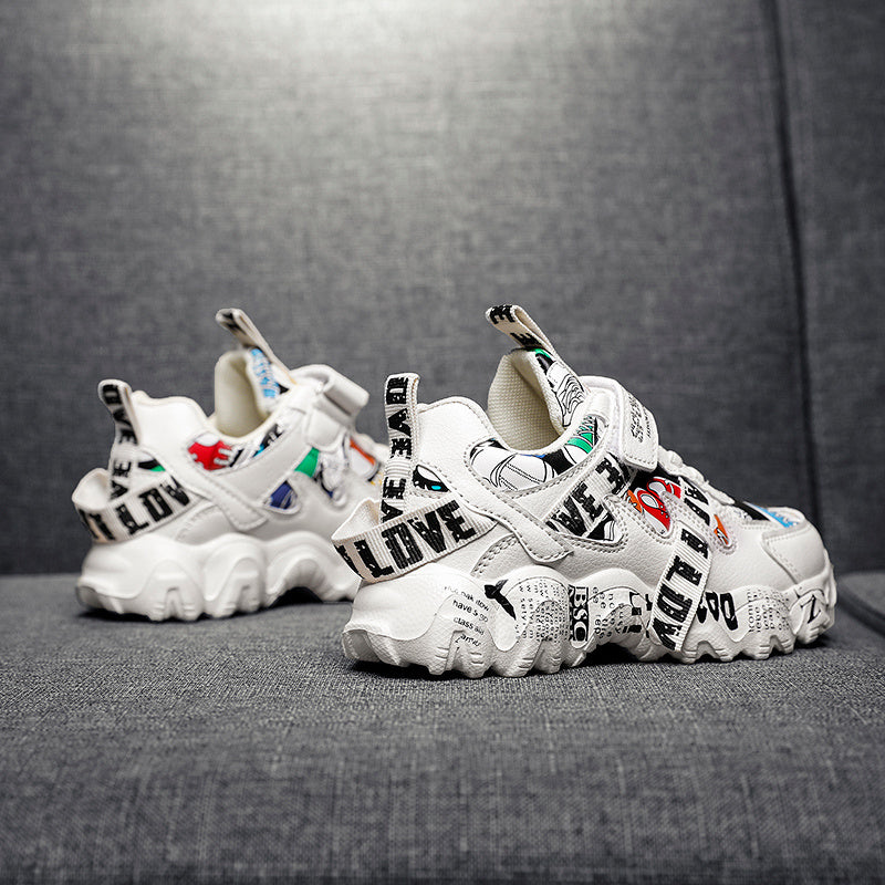 Kids' White & Beige Cartoon Print Sneakers – Low-Top Hook-and-Loop Running Shoes for Boys & Girls