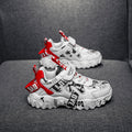 Kids' White & Beige Cartoon Print Sneakers – Low-Top Hook-and-Loop Running Shoes for Boys & Girls