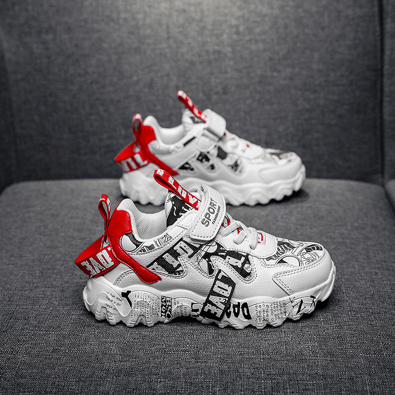 Kids' White & Beige Cartoon Print Sneakers – Low-Top Hook-and-Loop Running Shoes for Boys & Girls