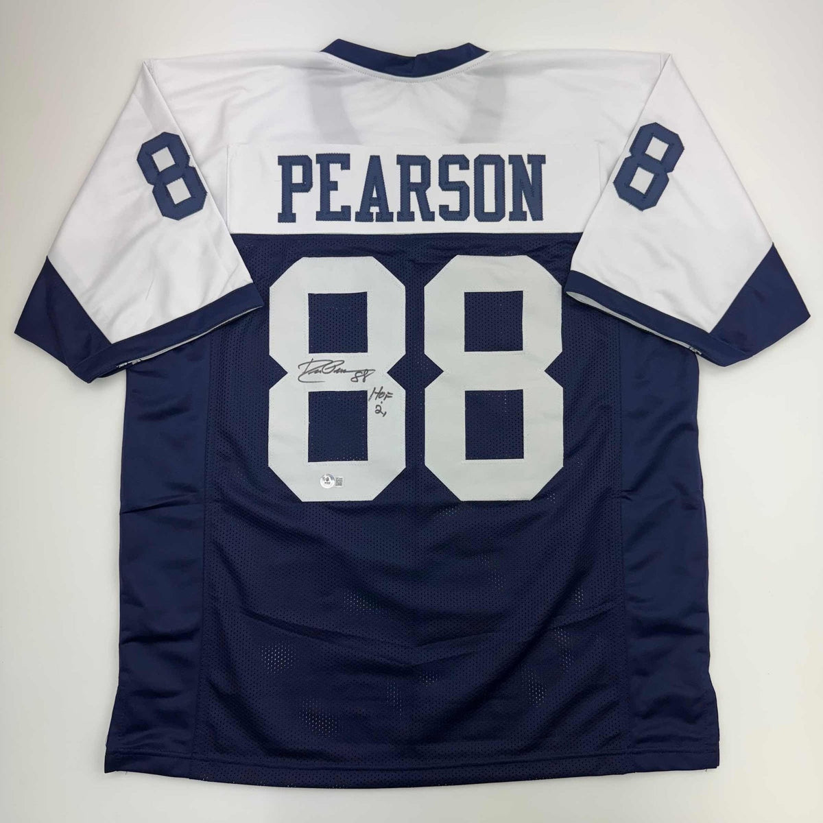 Autographed/Signed Drew Pearson HOF 21 Dallas Thanksgiving Football Jersey Beckett BAS COA