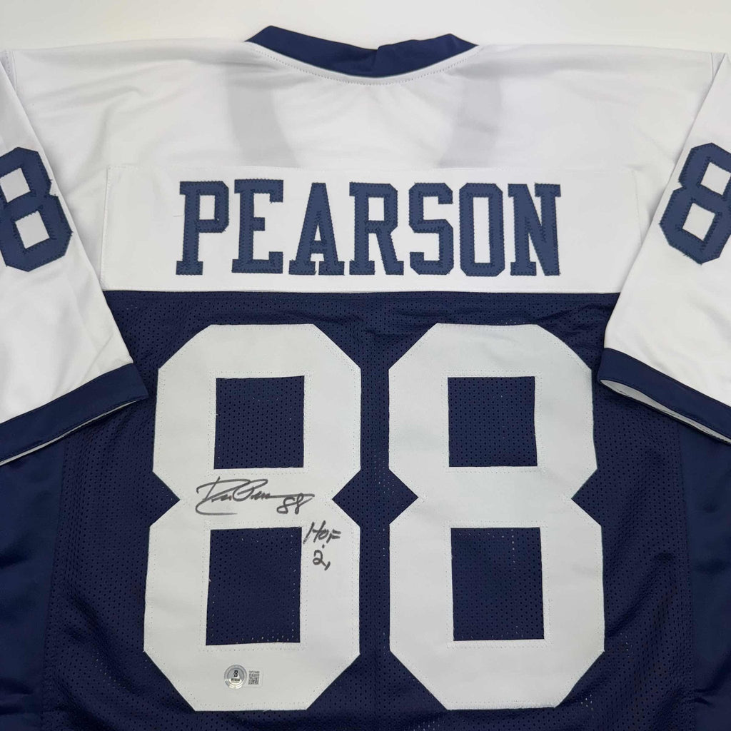 Autographed/Signed Drew Pearson HOF 21 Dallas Thanksgiving Football Jersey Beckett BAS COA