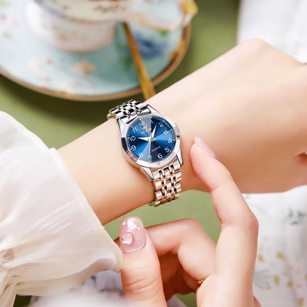 OLEVS Womens Watch Fashion Dress Diamond Female Watches for Ladies Analog Quartz Stainless Steel Waterproof Luminous Day Date Two Tone Wristwatch