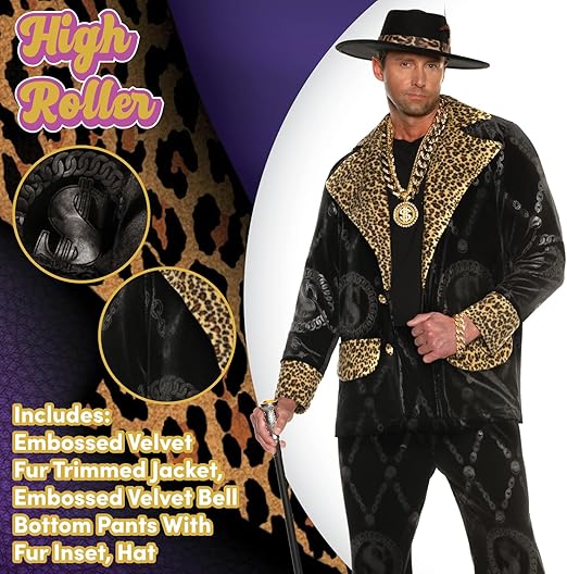 Men's 70's Black Velvet Pimp Suit High Roller Pimp Daddy Adult Costume