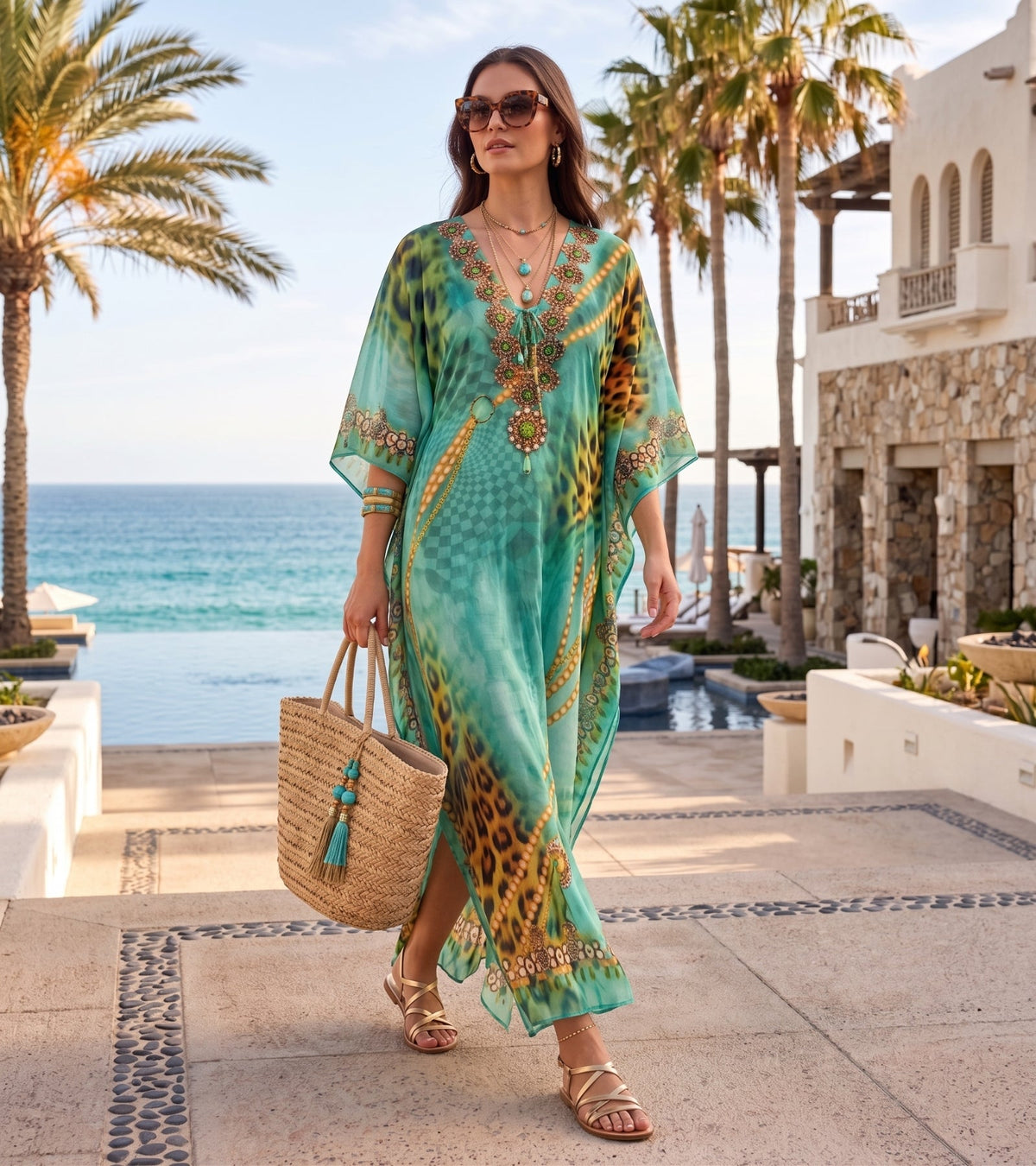 Sakkas Georgettina Flowy Rhinestone V Neck Long Caftan Dress/Cover Up