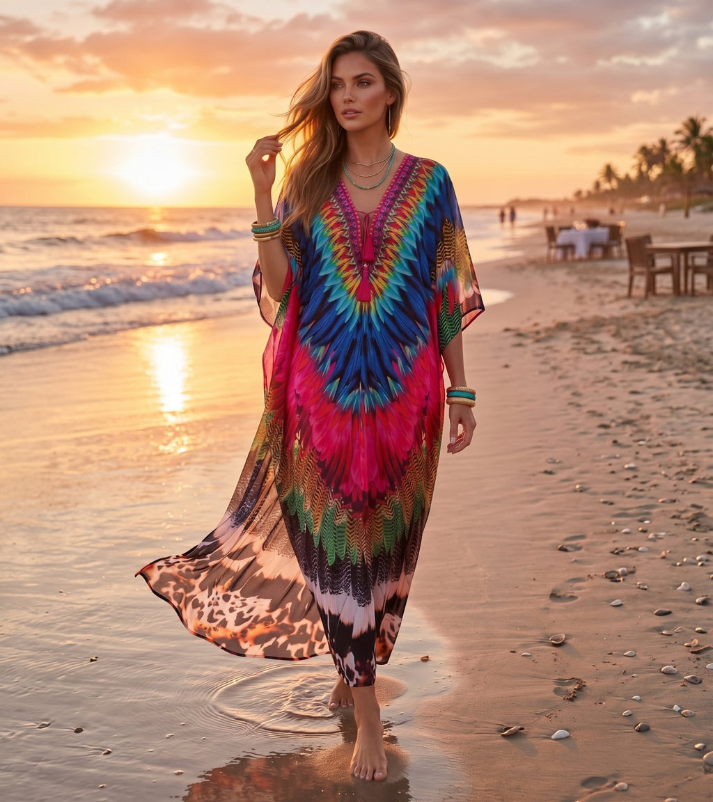 Sakkas Georgettina Flowy Rhinestone V Neck Long Caftan Dress/Cover Up