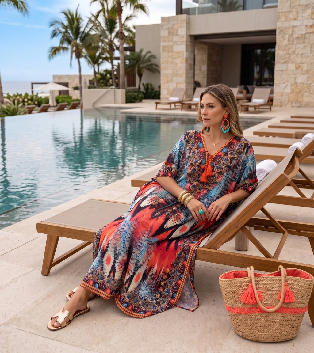 Sakkas Georgettina Flowy Rhinestone V Neck Long Caftan Dress/Cover Up