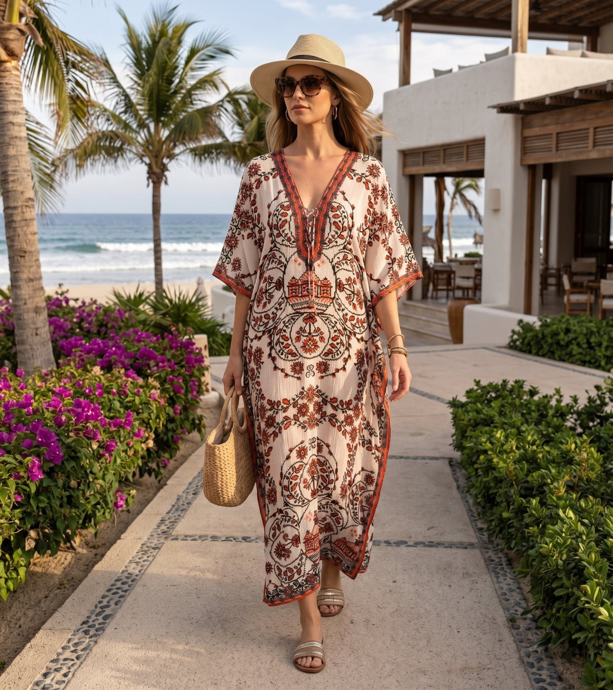 Sakkas Georgettina Flowy Rhinestone V Neck Long Caftan Dress/Cover Up