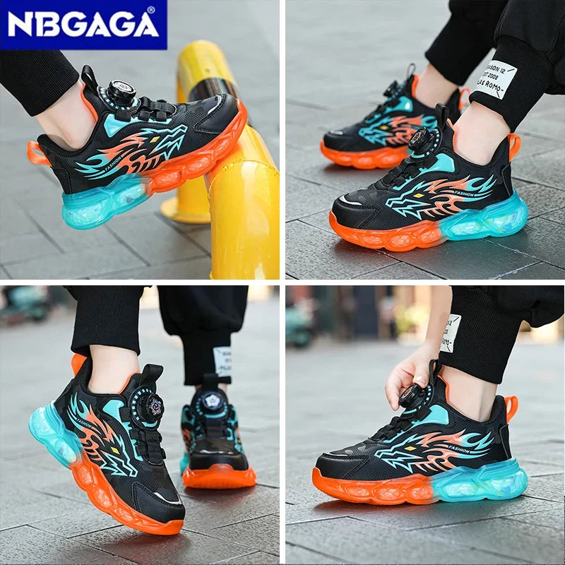 Unisex Kids Anti-Slip Leather Sneakers - Lightweight Dragon Print Running & Casual Shoes (EU 28-39)