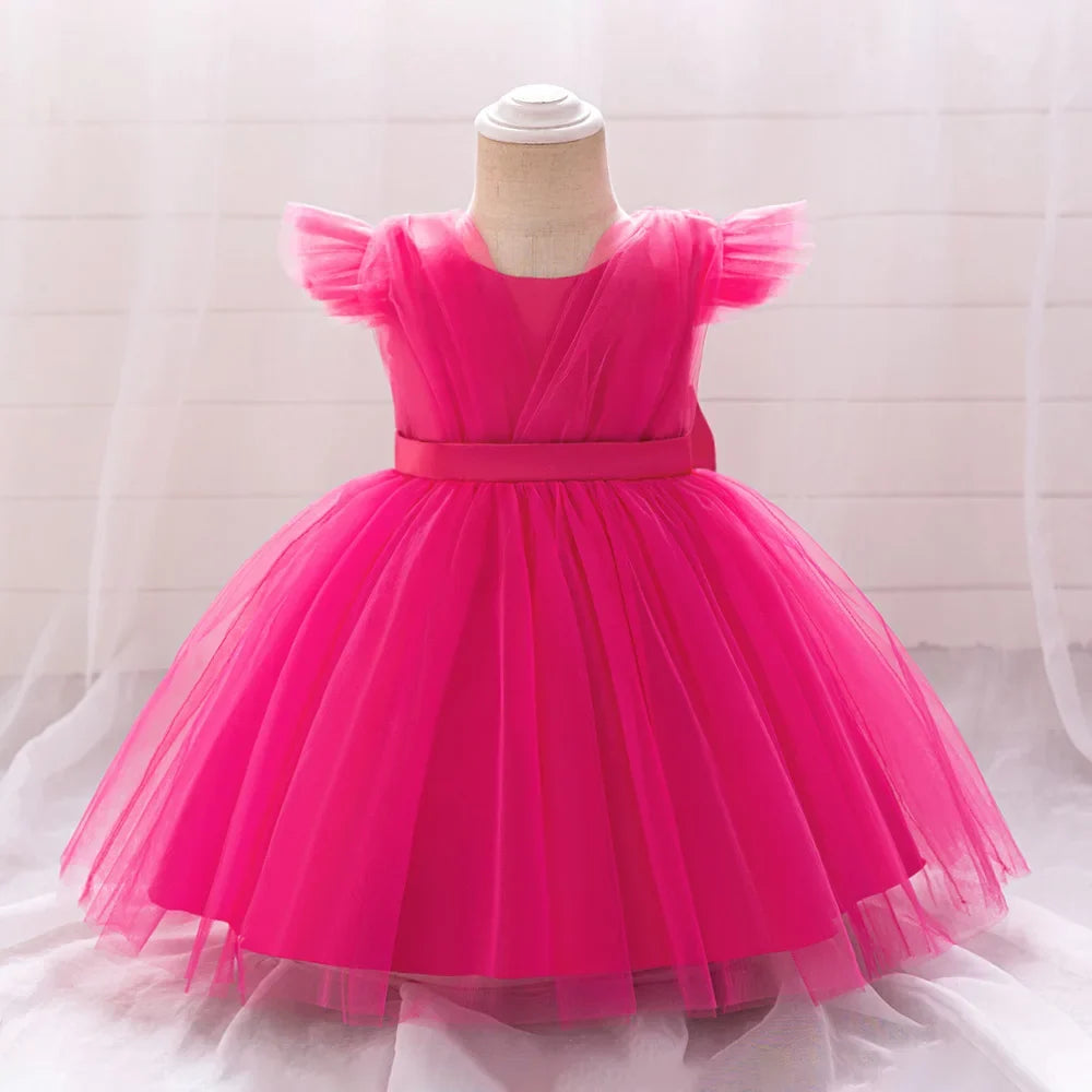 Toddler Bow Girls Party Dress Halloween Prom Gown Girl Fly Sleeves 1st Birthday Wedding Princess Dresses Kids Clothing 1-4 Years