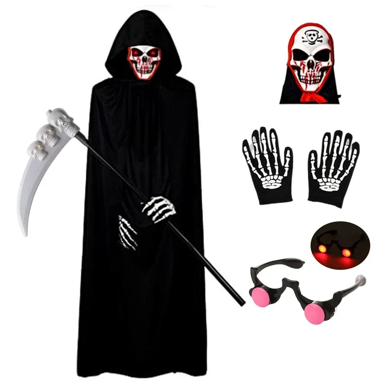 Kids Grim Reaper Costume with Glowing Red Eyes – Halloween Scary Outfit