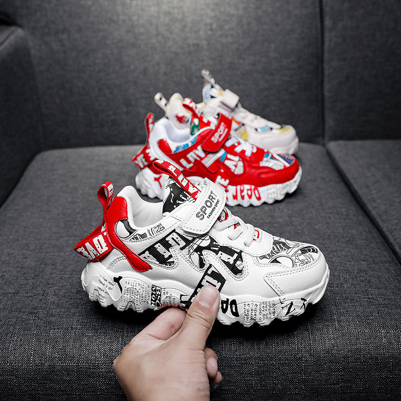 Kids' White & Beige Cartoon Print Sneakers – Low-Top Hook-and-Loop Running Shoes for Boys & Girls
