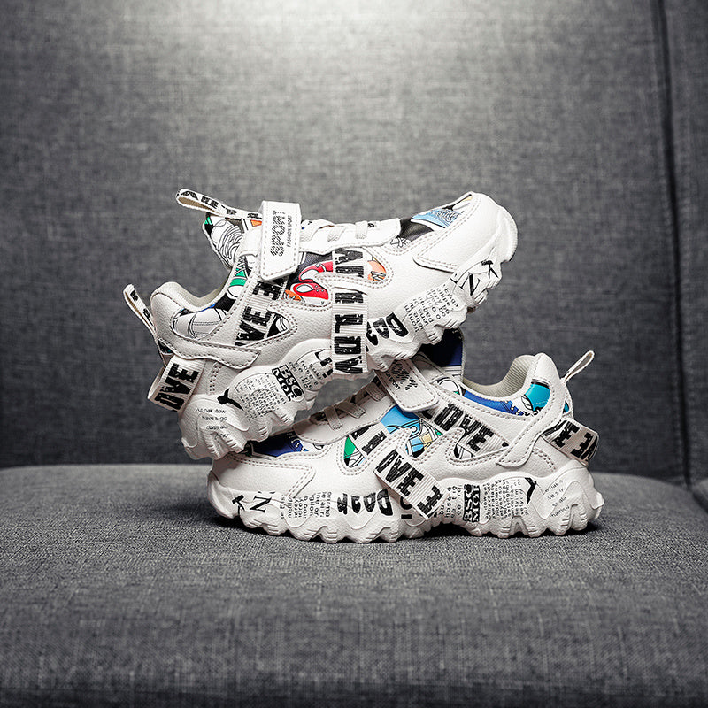 Kids' White & Beige Cartoon Print Sneakers – Low-Top Hook-and-Loop Running Shoes for Boys & Girls