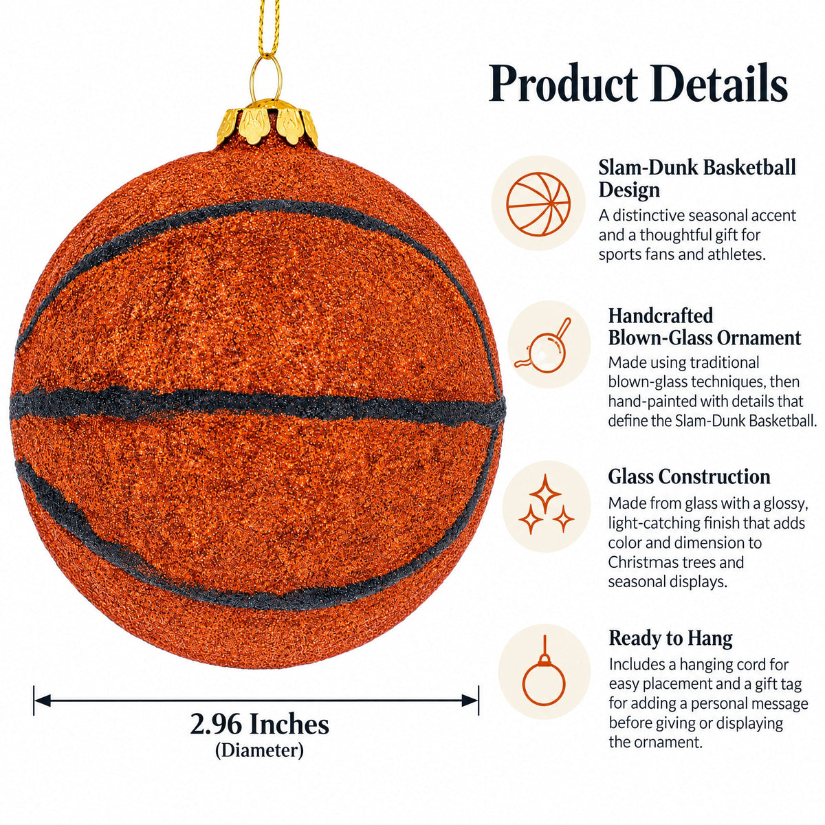 Slam-Dunk Basketball Glass Christmas Ornament