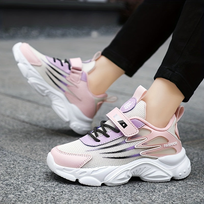 Kids Breathable Mesh Running Shoes — Lightweight Low-Top Sneakers for Boys & Girls, Hook-and-Loop Closure, Striped All-Season EVA Sole