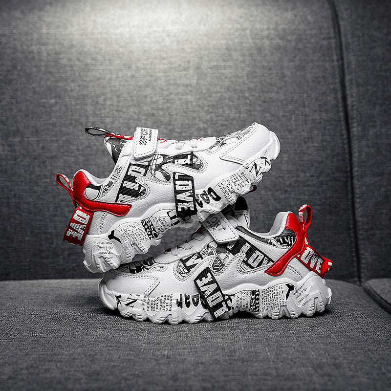 Kids' White & Beige Cartoon Print Sneakers – Low-Top Hook-and-Loop Running Shoes for Boys & Girls