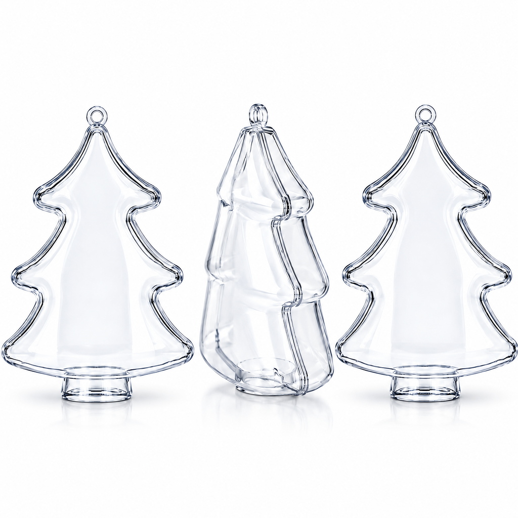 Set of 3 Clear Plastic Christmas Tree Shape Ornaments 4.35 Inches